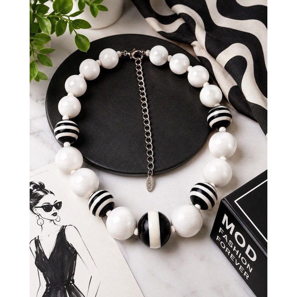 Vintage 80s Signed Mod Black White Striped Resin Bead Statement Choker Necklace